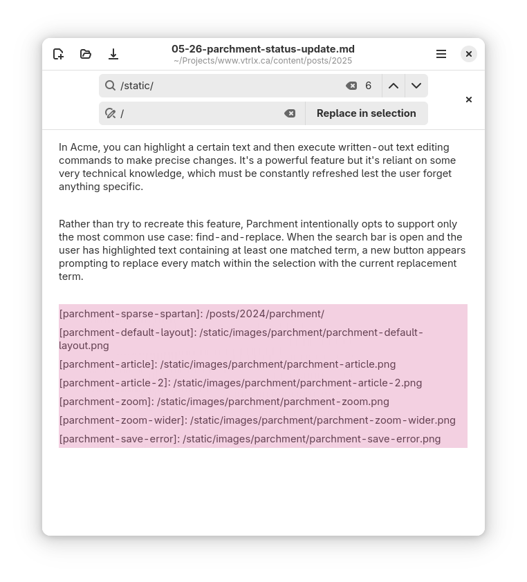 parchment replace in selection before